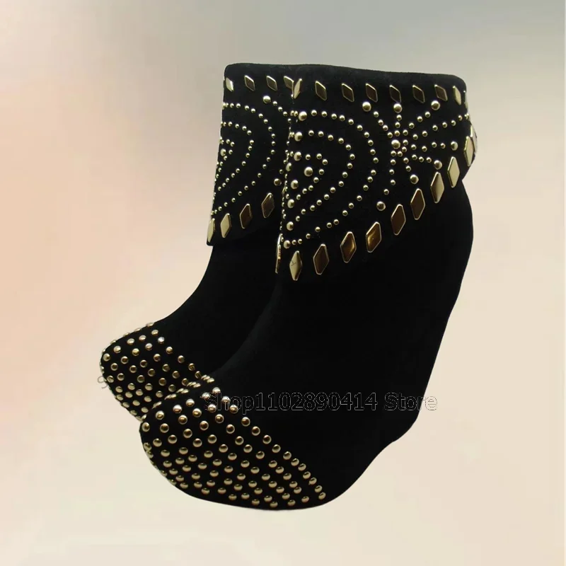 Gold Rivets Decor Black Strange Style Heels Platform Boots Slip On Women Shoes Novel Sexy Fashion Party 2023 Zapatos Para Mujere
