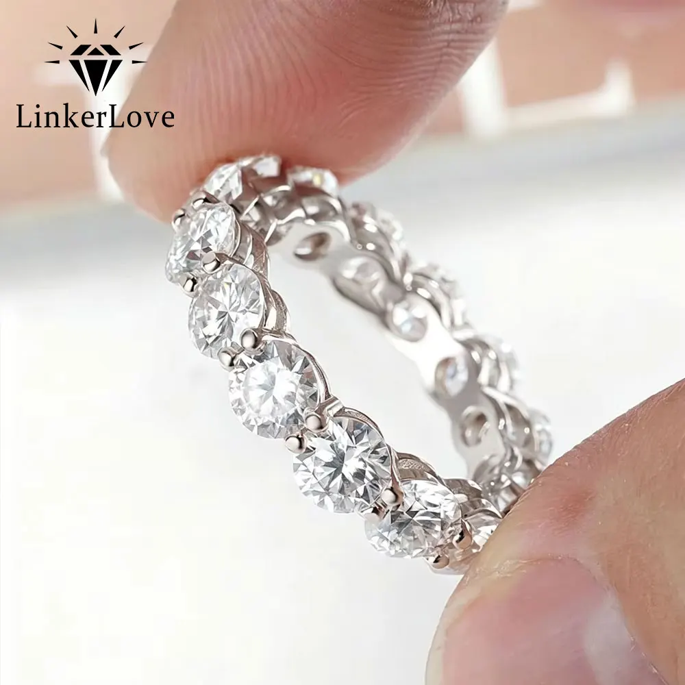 LinkerLove 4mm Moissanite Eternity Wedding Band 925 Sterling Silver Diamond Promise Ring for Women Fine Jewelry Anniversary Gift