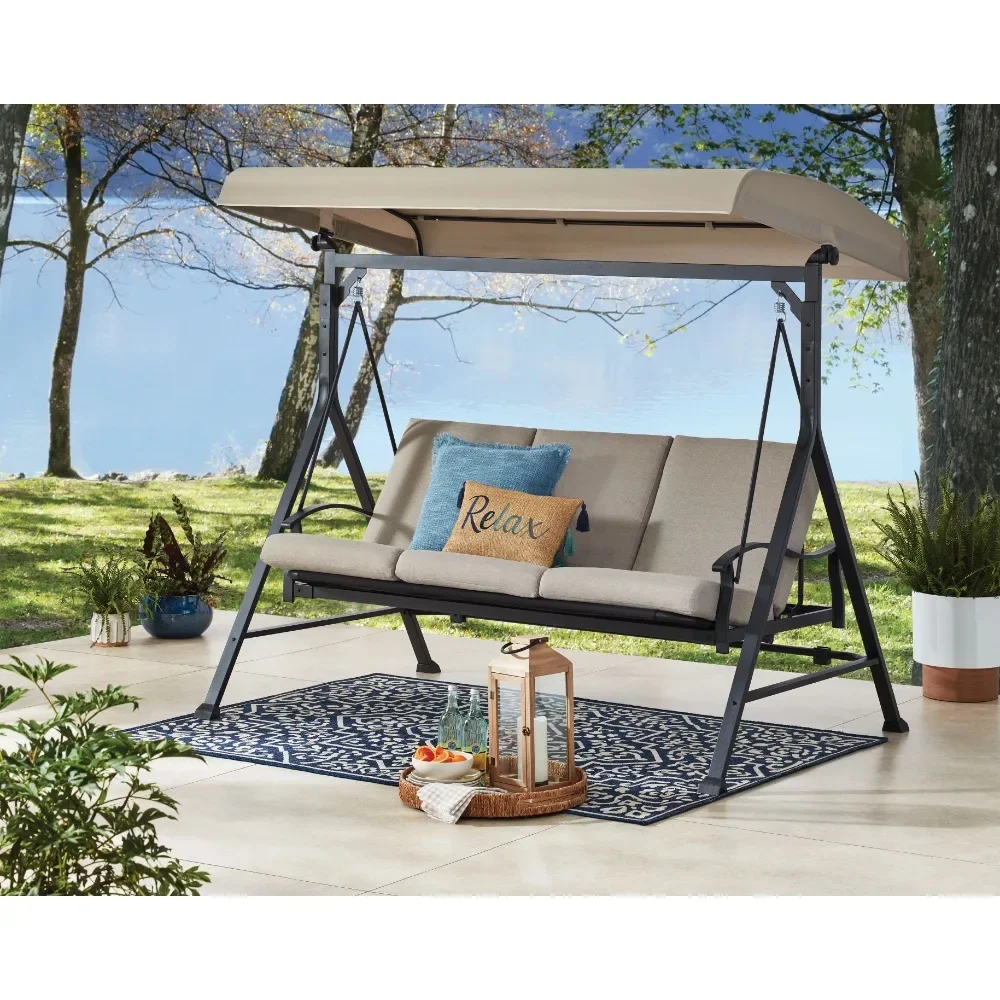 

3-Person Convertible Sofa Bed, Outdoor Steel Porch Swing, Canopy - Beige