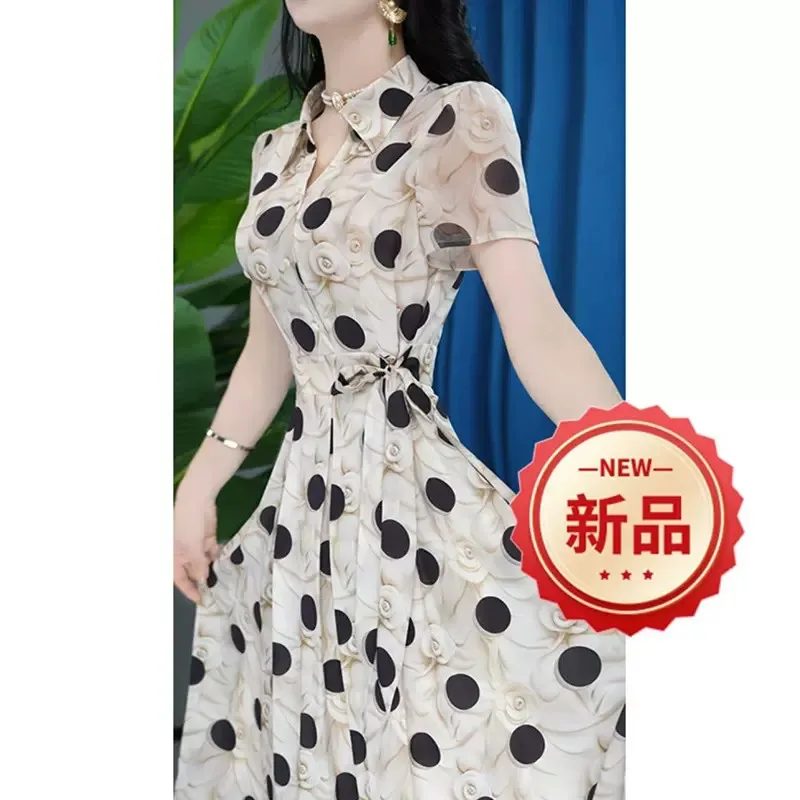 

Runway Summer Casual Holiday Shirt Dresses Women's Vintage Short Sleeve Dot Printted Sashes Bow Elegant Midi Dress Big Size F67