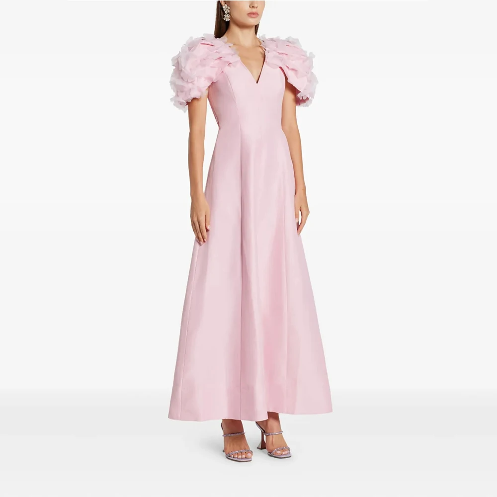 

Modern Pink V Neck Satin Evening Gown A Line Ankel Length Prom Dress Pleat Formal Party Dress Cap Sleeves Saudi Dress