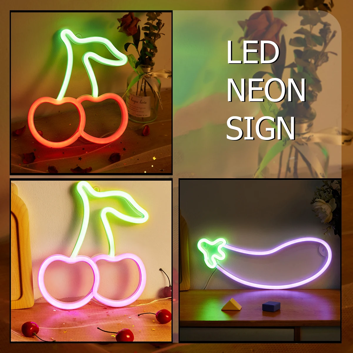 Chi-buy LED Neon Sign Cherry USB Powered /Battery Power Supply Eggplant Neon Signs For Bedroom Home Decor Lamp Neon Lamp