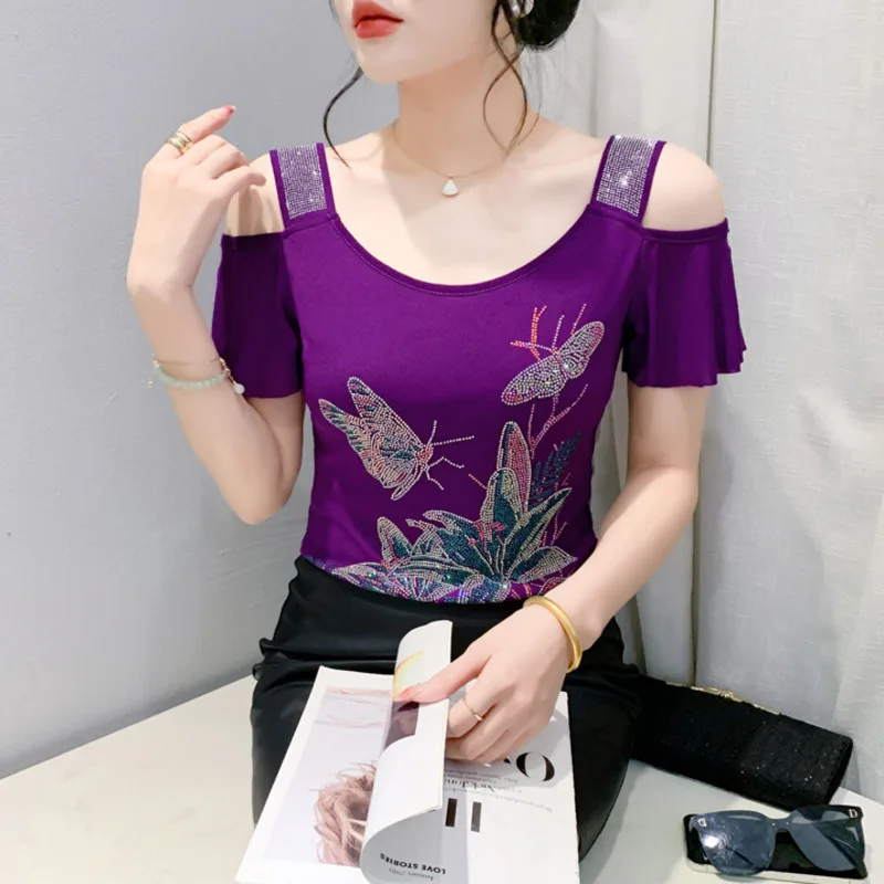 2025 صيف جديد أمريكا العلامة التجارية فراشة تصميم تي شيرت مثير قبالة الكتف لامعة زهرة الساخن الماس النساء بلايز سيدة أنيقة تيز