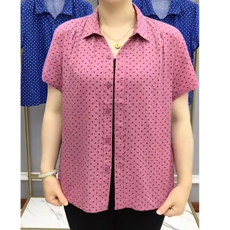 Camisa informal de manga corta con estampado de lunares para mujer, ropa femenina de verano, blusa holgada de un solo pecho con cuello vuelto