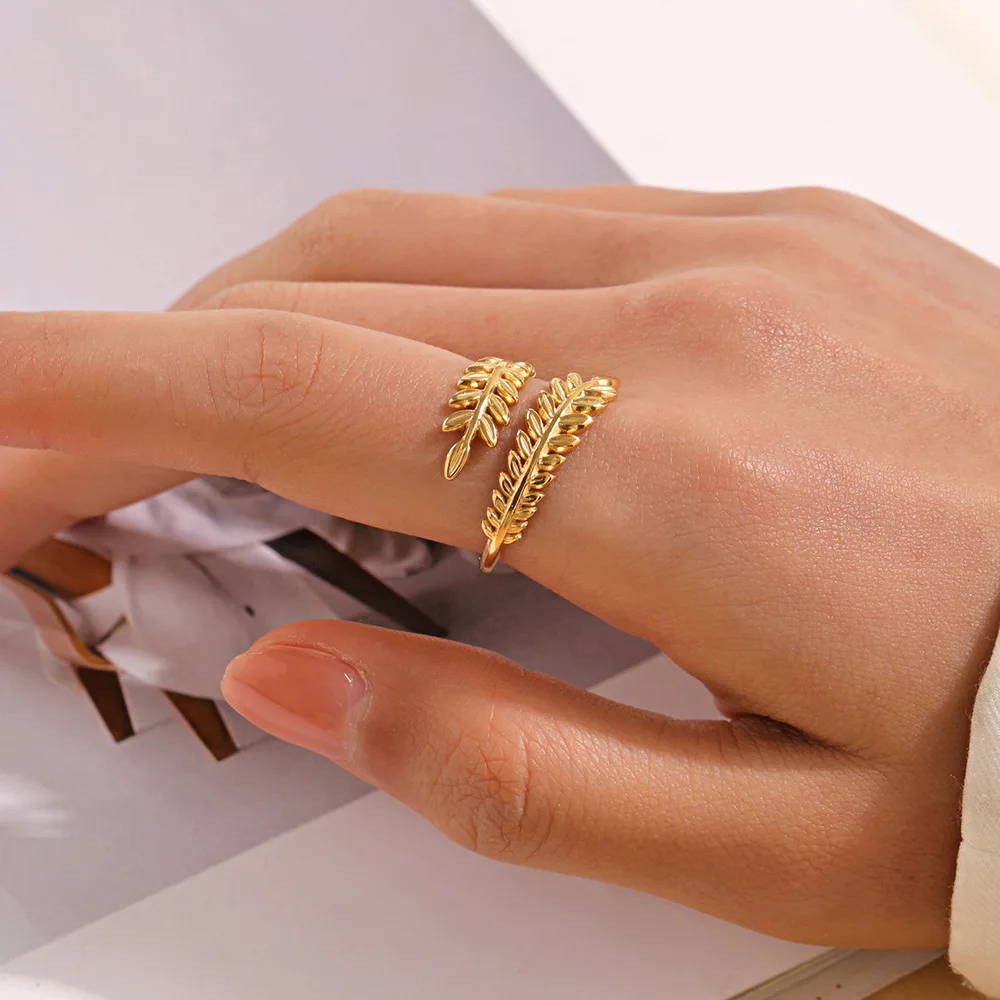 Gold Color Leaf Shape Open Rings For Women Fashion Stainless Steel Waterproof Finger Ring Girls Trendy Party Jewelry Accessories