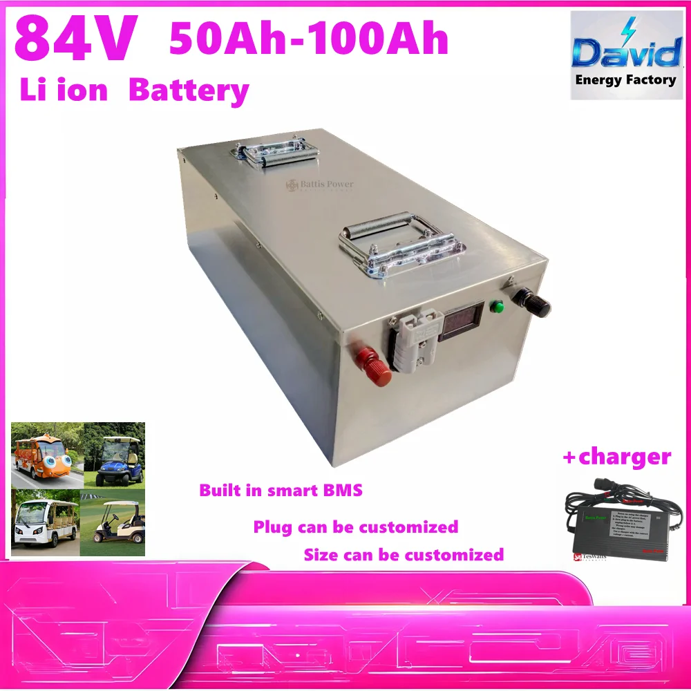 Mini Car 84V 50Ah 60Ah 80Ah 100Ah Powerful Lithium Ion Li-Ion Battery Pack 100A Discharge Rate for Electric EV RV+Charger
