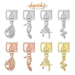 Hapiship 2023 Fashion Peacock Bird Woodpecker Snake Dazzling CZ Charm Italian Links Fit 9mm Bracelet DIY Making Jewelry DJ618
