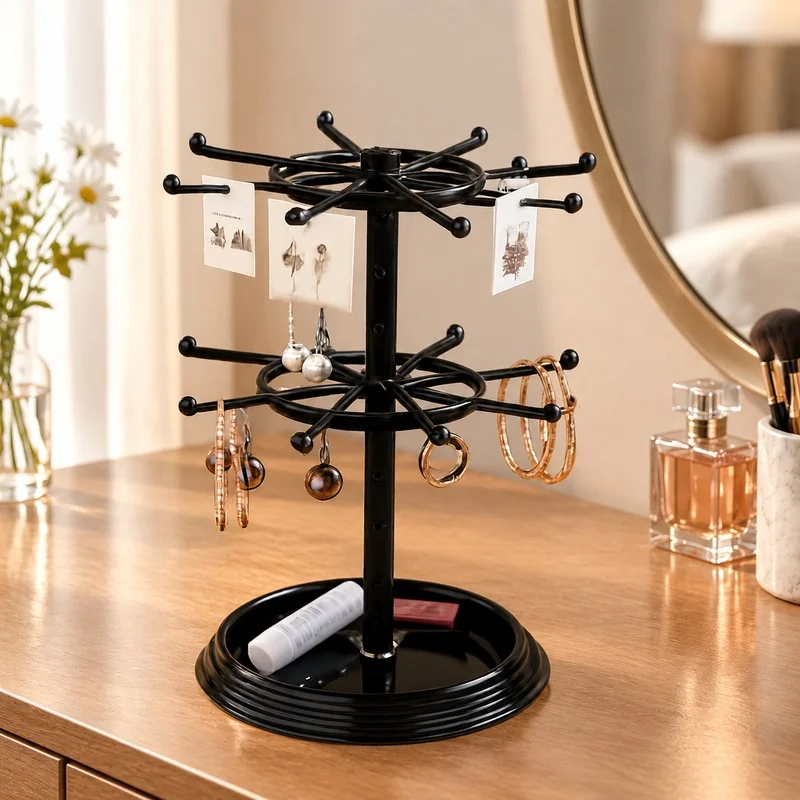 Rotating Jewelry Display Rack with Multiple Levels for Earrings, Necklaces, and Bracelets Storage