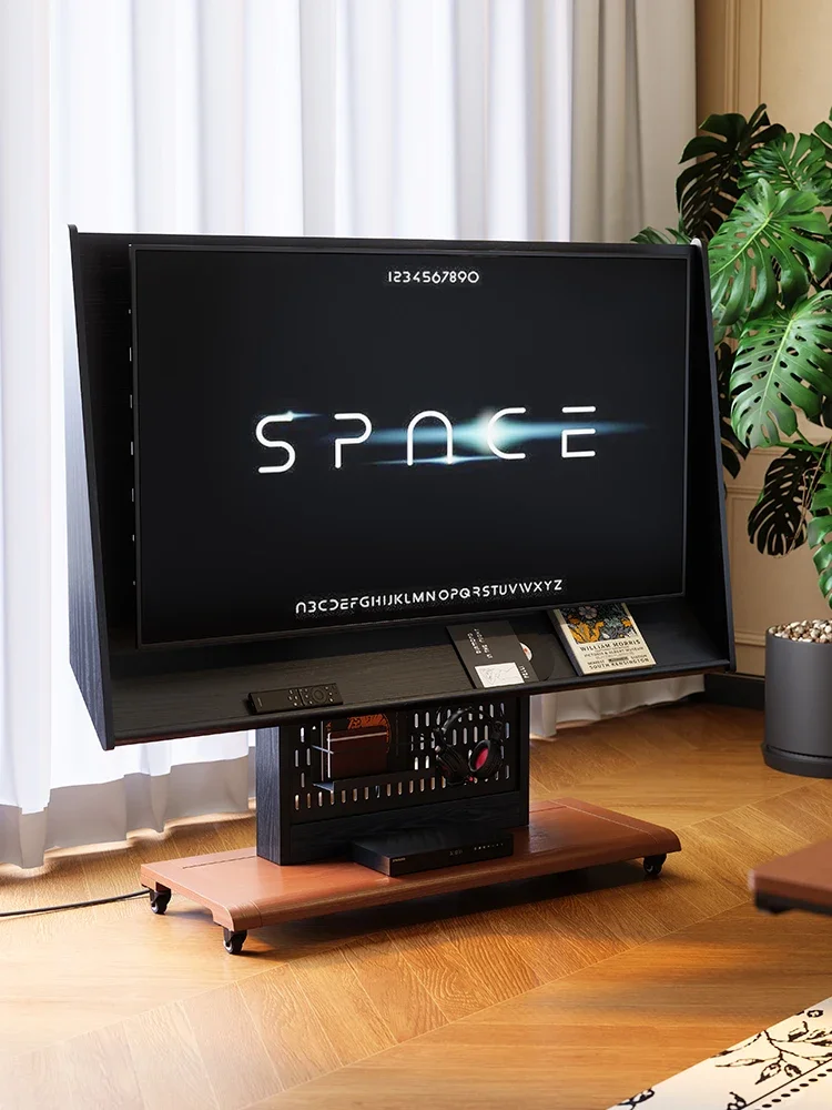 Removable solid wood TV bracket, retro living room ash wood medium ancient style floor-to-ceiling TV cart