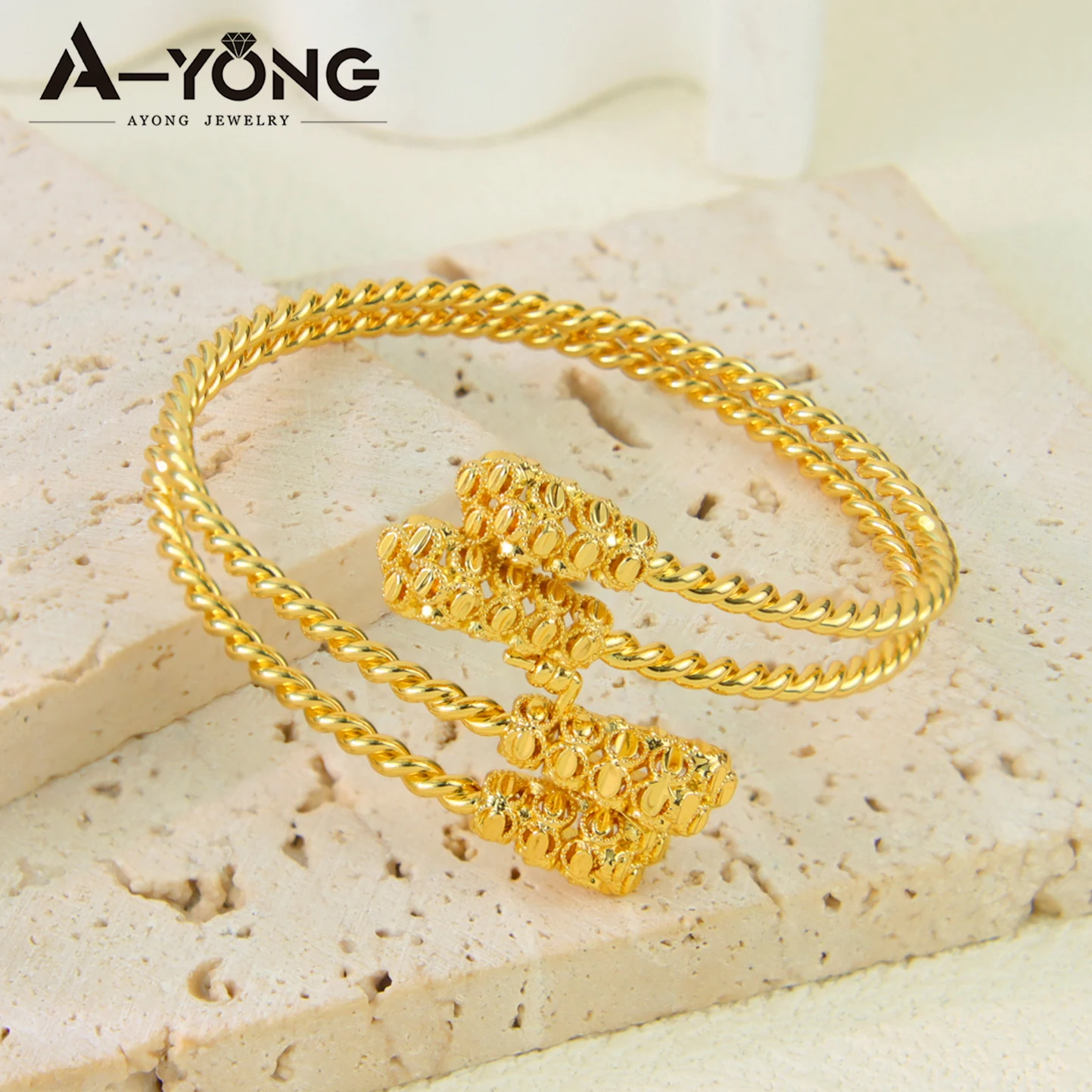 AYONG Arab Gold Color Cuff Bracelet 21k Gold Plated Copper Double Layer Ball Bangles Dubai Women Vintage Party Jewelry Gifts
