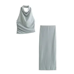 Taop&Za 2024 Summer New Product Women's Fashion Slim Fit Solid Color Elastic Hanging Neck Top Half Skirt Set