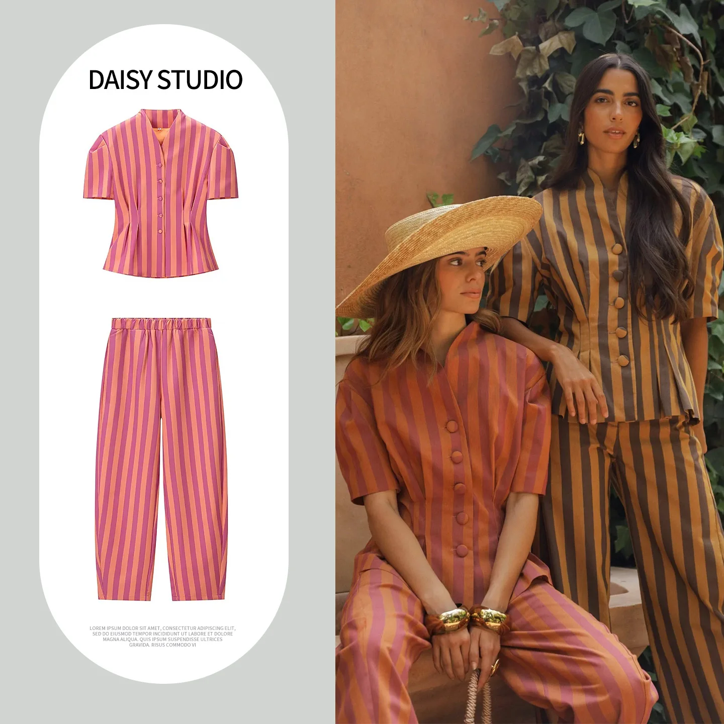 Conjunto de Dos Piezas de Verano para Mujer, Camisa a Rayas Informal de Manga Corta con Cuello Alto y Pantalones Largos con C...