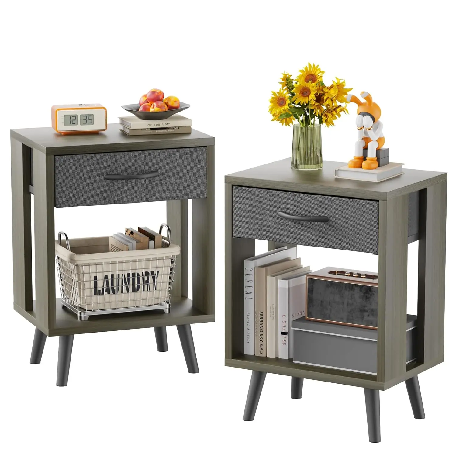 

Nightstands Set of 2 with Black Fabric Storage Drawer and Open Wood Shelf, Side Table with Storage for Bedroom, Customized