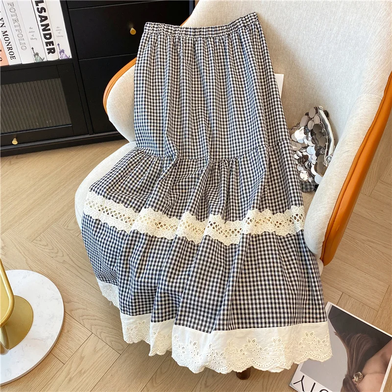 Women Plaid Lace Patchwork A-line Long Skirt Harajuku Y2k High Waist Mori Girl Skirts Vintage Summer Skirt 2000s Fashion Clothes