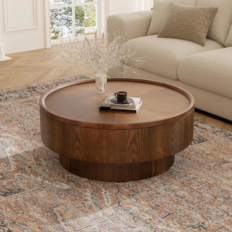

2026：30.'' Round Storage, Modern Drum Coffee Tables with Solid Wood Veneer, Wooden Circle Center Table Liv