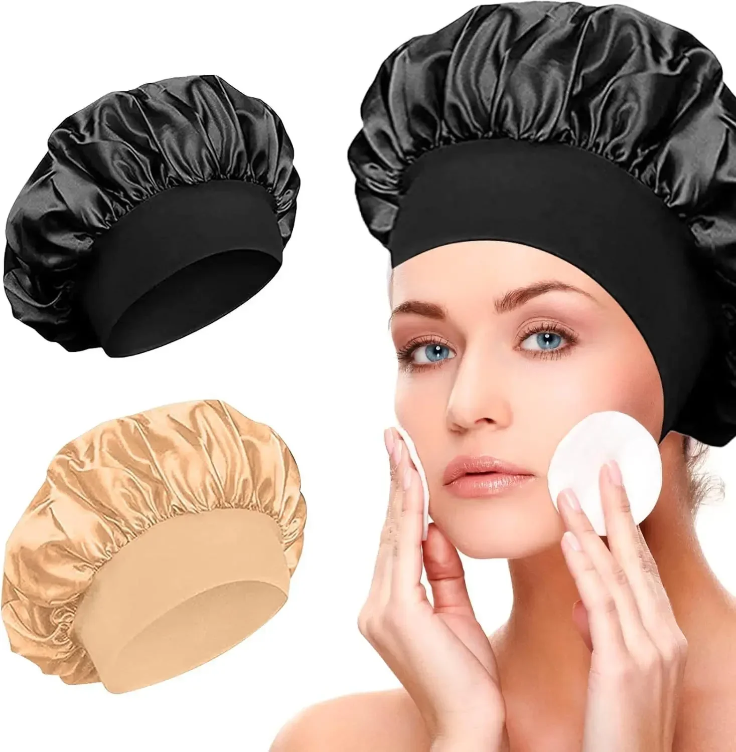 2 pçs feminino cetim sólido elástico de aba larga chapéu de dormir unisex cabeça envoltório elástico boné cuidados com o cabelo gorro noite chapéu