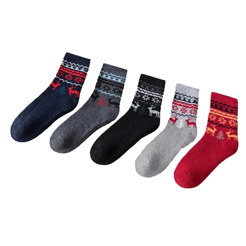 5 Paar Herren-Thermosocken aus Kunstwolle, gemütliche Winterwärme, Vintage-Hirschmuster-Socken für Outdoor-Aktivitäten und den