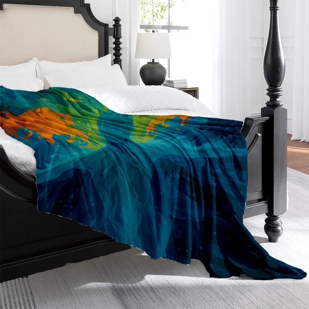 1pc Abstract Watercolor Print Flannel Blanket - Soft, Warm & Machine Washable All-Season Luxury Bedspread with Vibrant, Orange