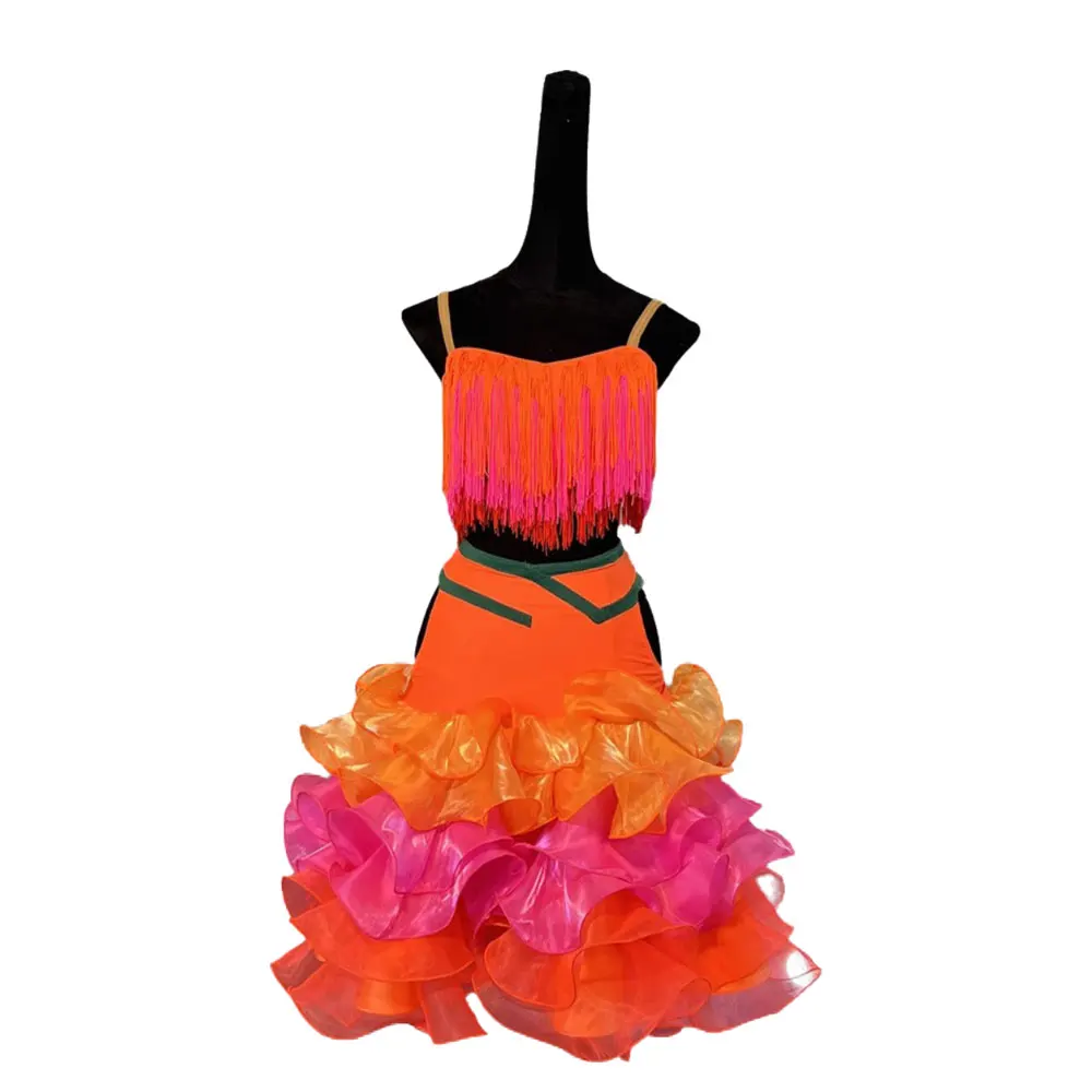 Concours de danse latine pour femmes, jupe gâteau en maille multicouche haut de gamme, vêtements d'examen d'art, robe de scène Cha Cha Samba