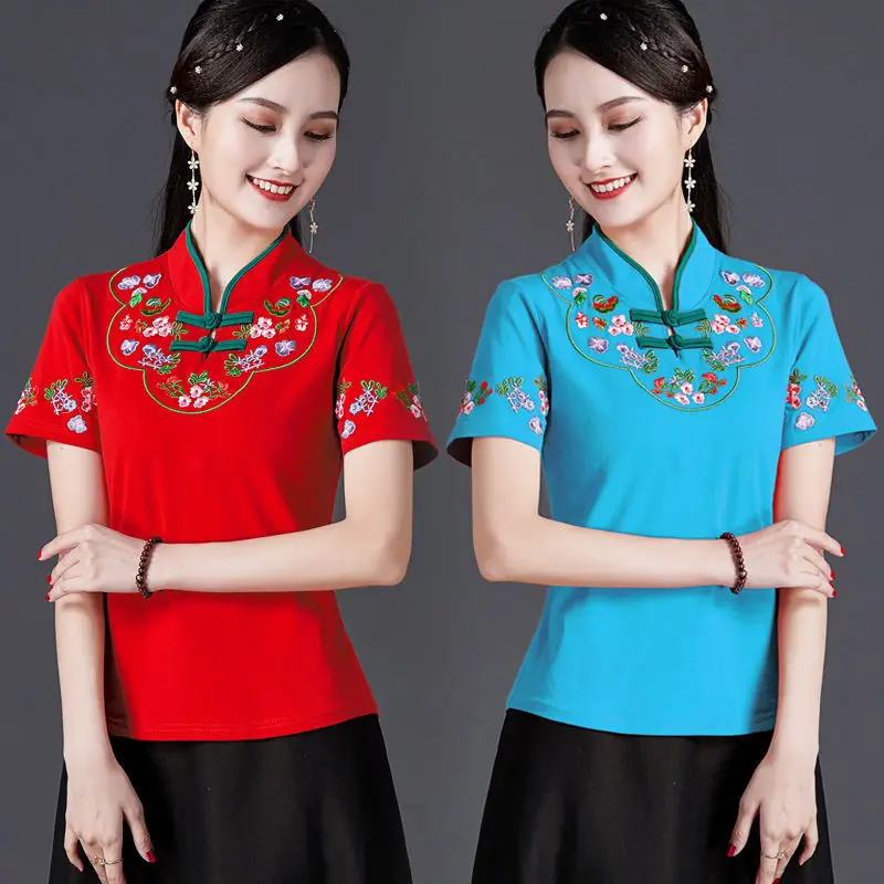 Chinese Style Clothing Women Vintage Floral Print Qipao Tops Hanfu Tee Shirt Qi Pao Tang Suit Blouse T-Shirt Cheongsam Top V1938