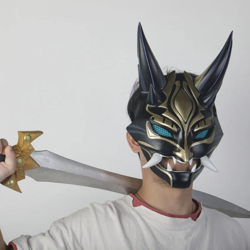 Máscaras faciales de cuerno de Cosplay de Genshin Impact Xiao para hombres adultos, accesorios de máscara de resina aterradora de Carnaval de Halloween, casco de fiesta de Mascarada