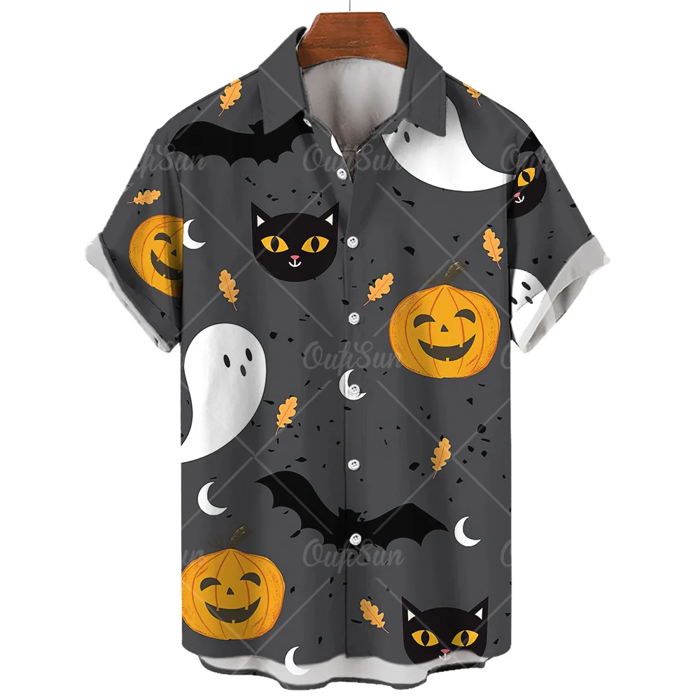 Halloween Shirt For Men Fashion Short Sleeve Tops Little Devil Print Hawaiian Shirts Casual Beach Travel Oversized Men\'s Clothes