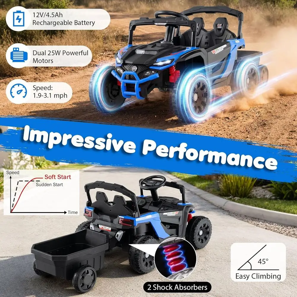 Samochód UTV dla dzieci Costzon z odłączanym przyczepką, elektryczny pojazd zasilany akumulatorem 12V z pilotem, 3 prędkości, niebieski