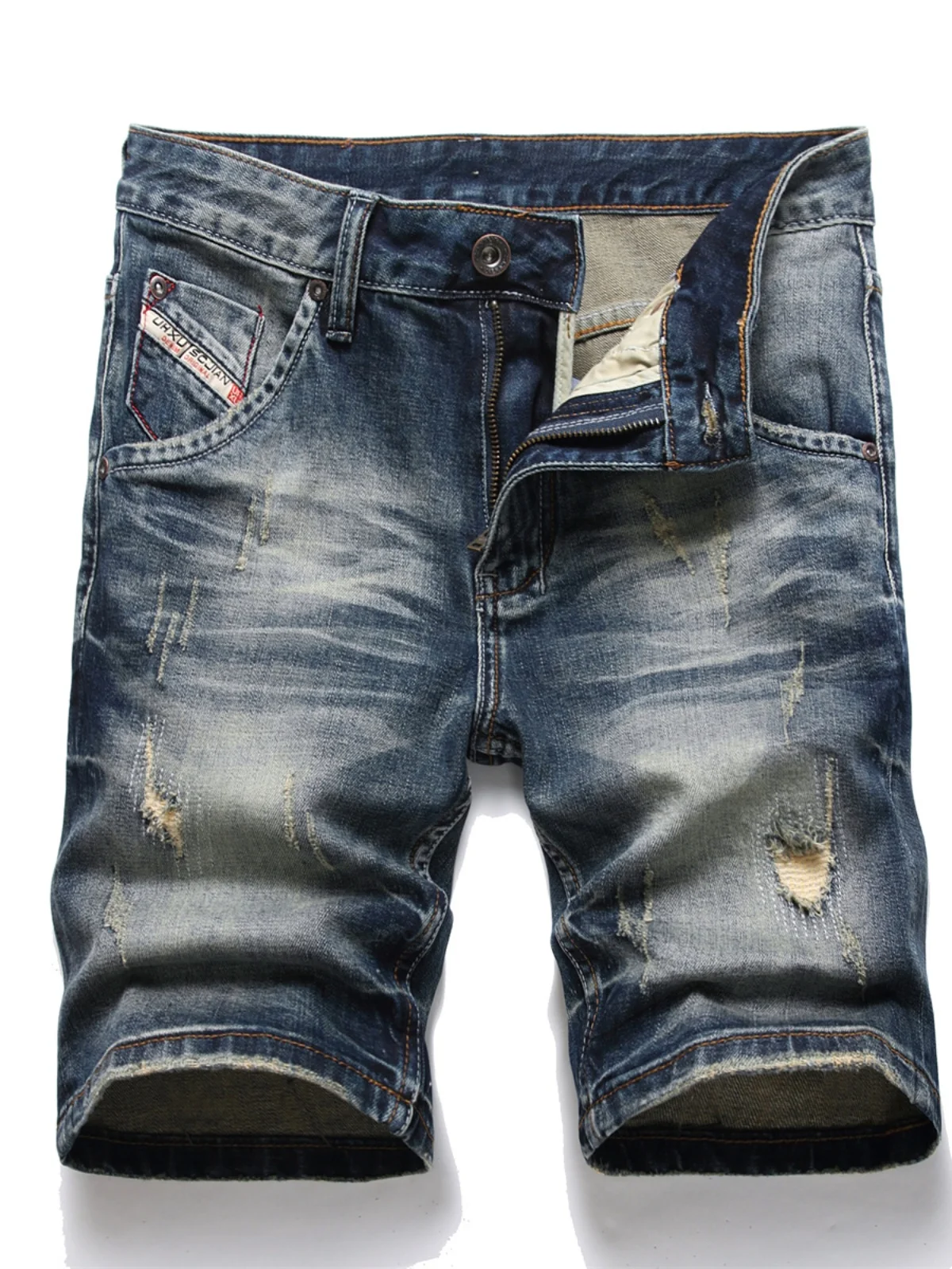 

Мужские джинсовые шорты в стиле ретро с эффектом потертости и дырками, модные, брендовые, приталенные, эластичные, прямые, легкие, повседневные, летние, средней длины