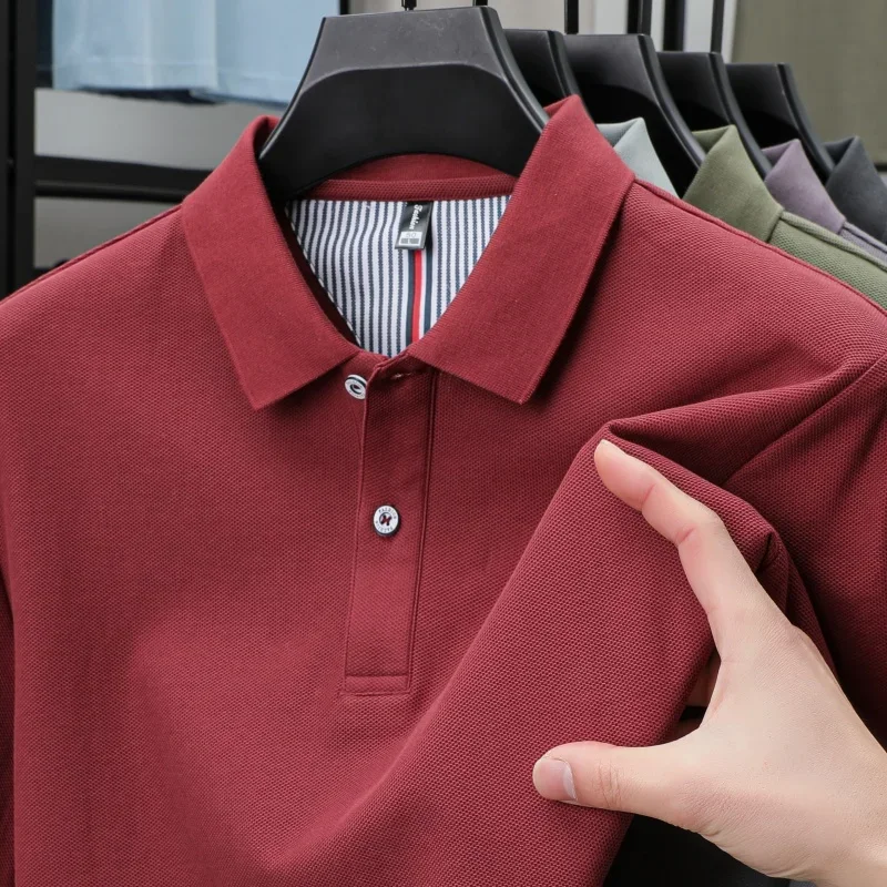 

100% Pure Cotton Short Sleeved Men's Polo Shirt Summer Boutique Fashion High-quality Top Solid Color Collar Back Striped T-shirt