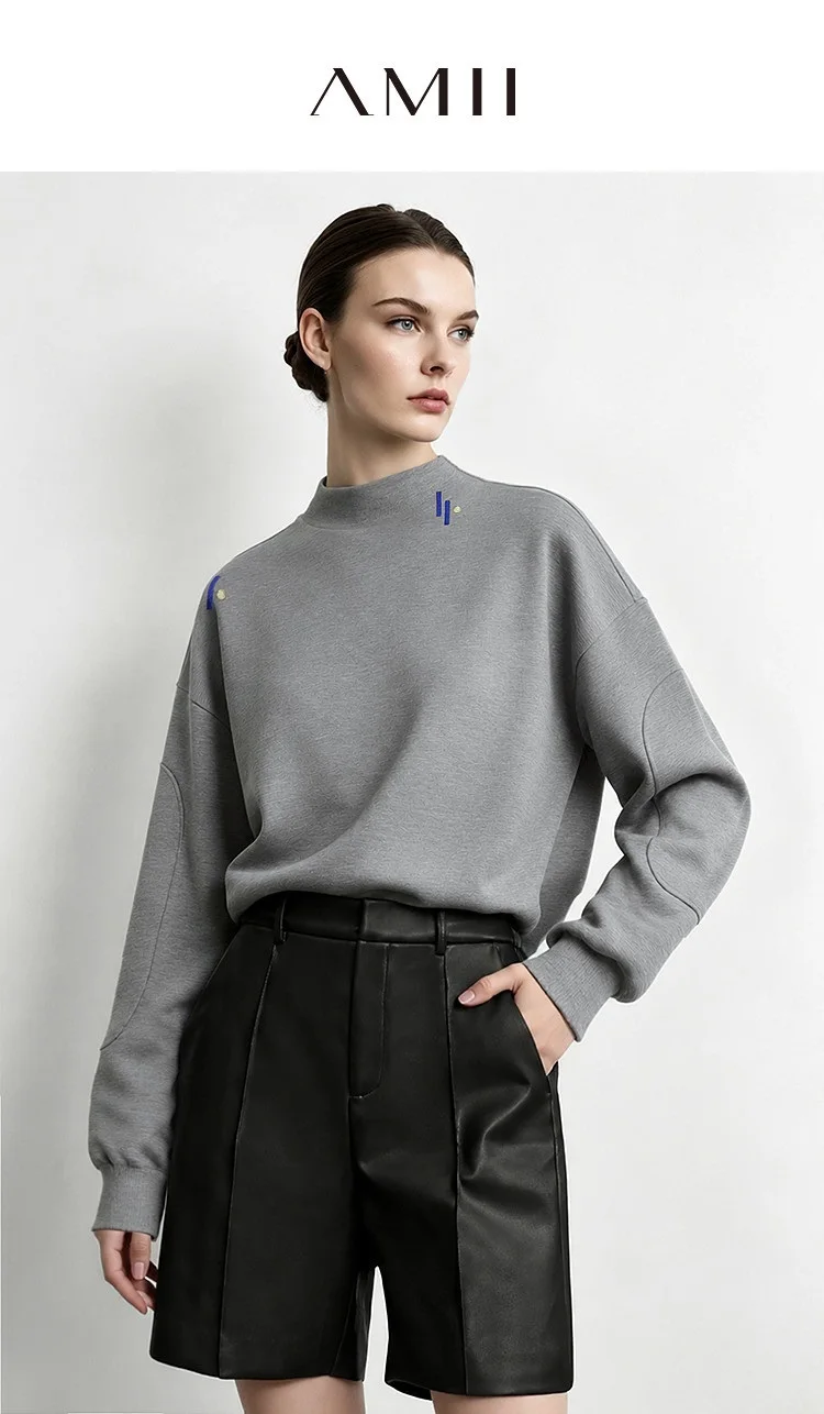 Amii Women's Oversized Pullover Hoodie Embroidered Drop Shoulder Casual Business Mock Neck Top Autumn Hoodies for Women 12623123