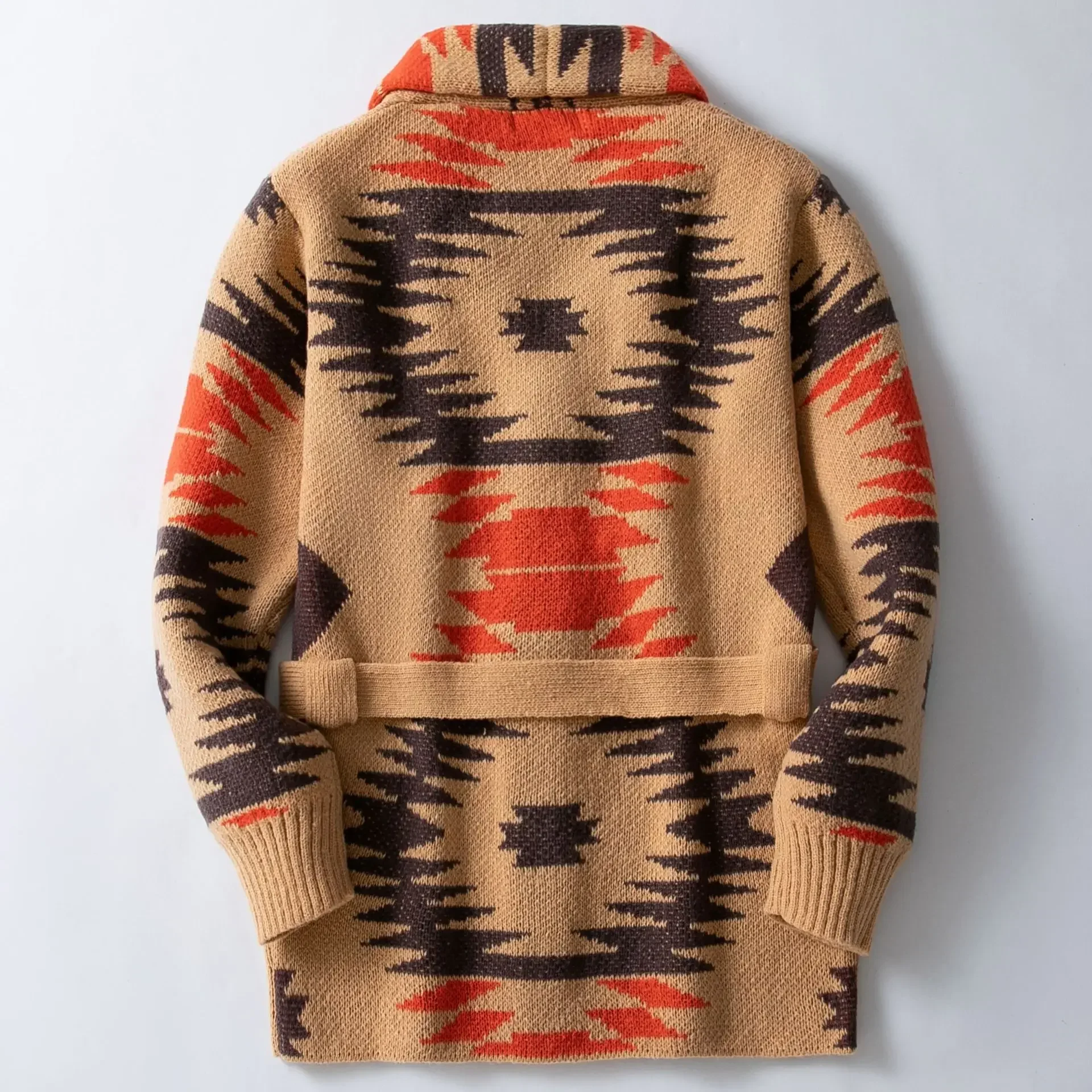 Cardigan da uomo autunno inverno cappotto di media lunghezza colletto rovesciato cappotti con stampa cintura con lacci giuntura maglioni casual a punto aperto