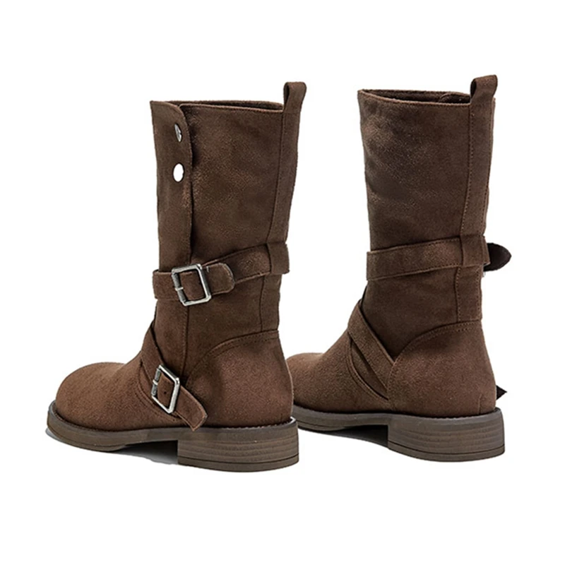 AIYUQI2025 Stivali da cowboy occidentali delle nuove donne Stivali da moto da donna con fibbia antiscivolo Stivali femminili di taglio medio autunno/inverno di grandi dimensioni