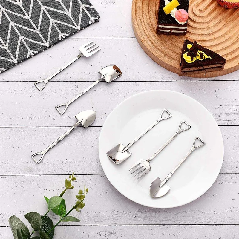 36 Pieces Shovel Spoon Fork Shovel Coffee Spoon Shovel Handle Dessert Spoon Ice Cream Spoon Shovel Shape Fork Fruit Fork Promoti