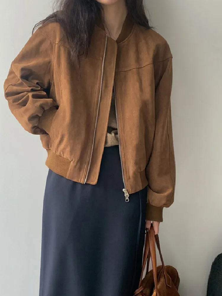 Jaet da baseball in pelle scamosciata autunnale da donna ort allentato casual versatile capispalla Dongda Gate Deer Hide Coat per donna