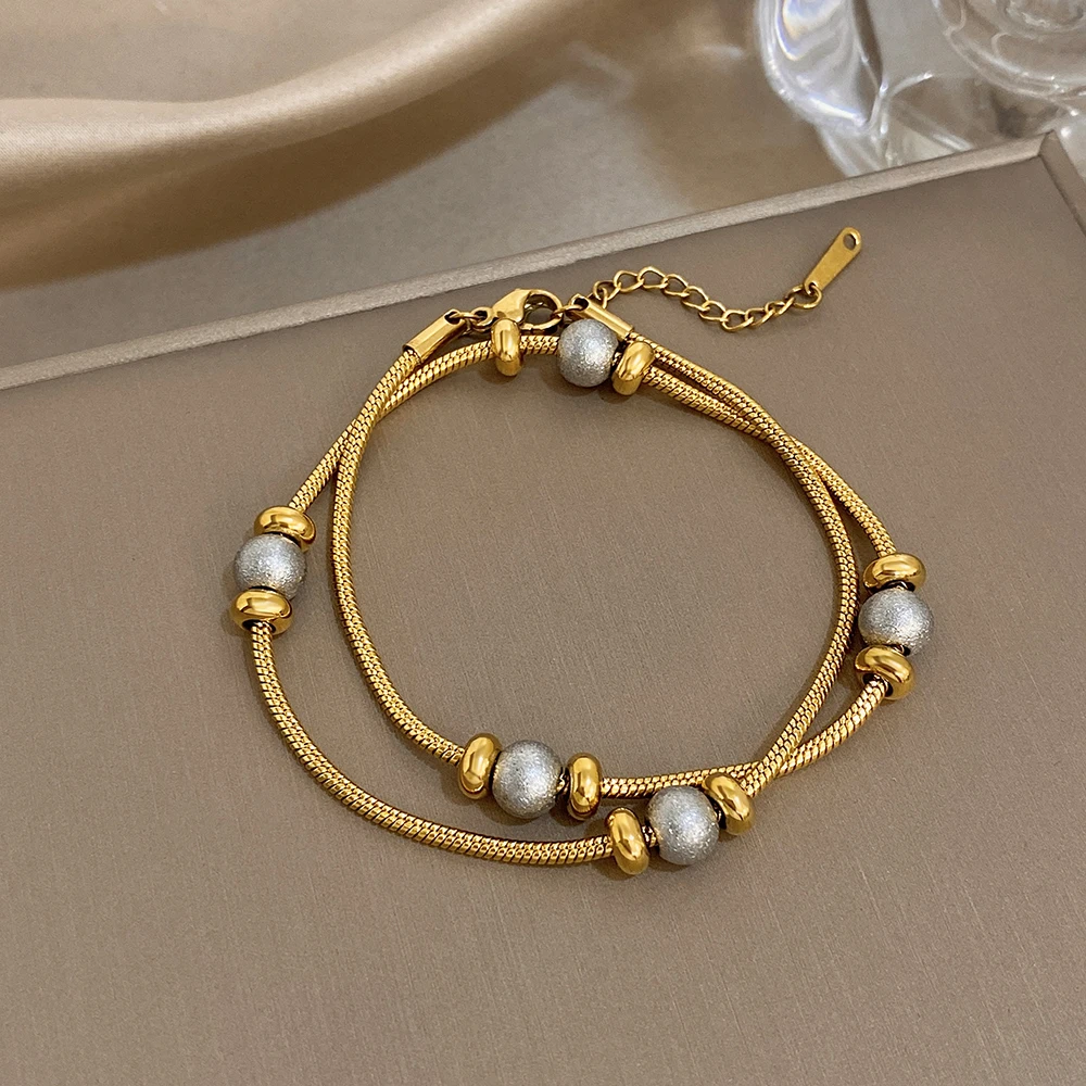

DODOHAO Trendy Stainless Steel Long Snake Bone Chain Bracelet Women Simple Stacked Gold Color Beads Bangle Jewelry Accessories