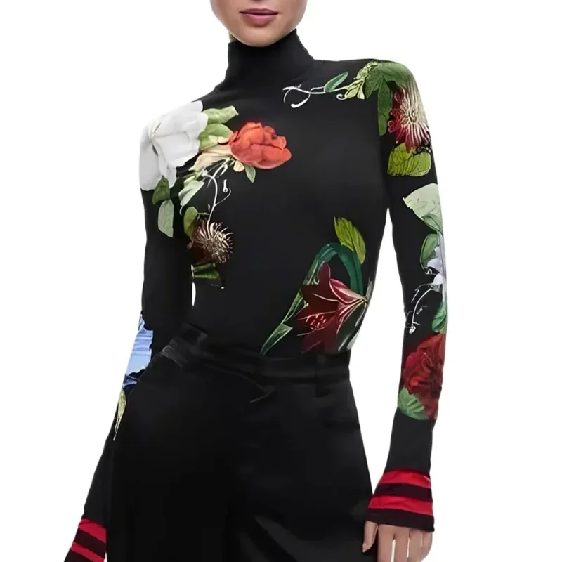 

Women's Elegant Floral Printed Turtleneck Tops Long Sleeves Slim Fit Autumn Winter Casual Bottoming T-shirts