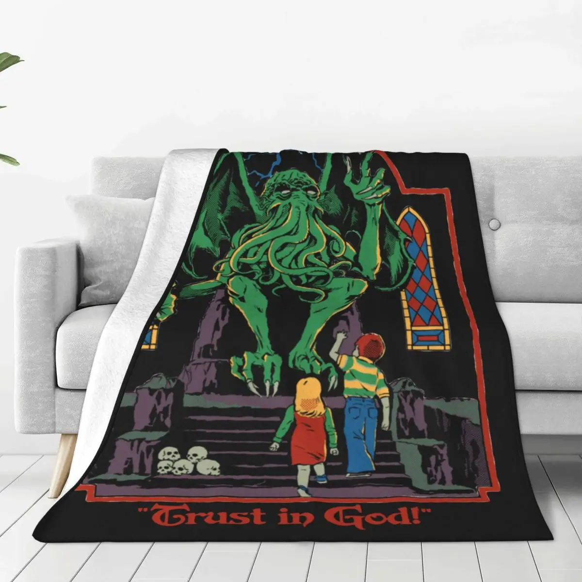 Trust In God Knitted Blankets Cthulhu Lovecraft Occult Flannel Throw Blanket Summer Air Conditioning Ultra-Soft Warm Bedspreads