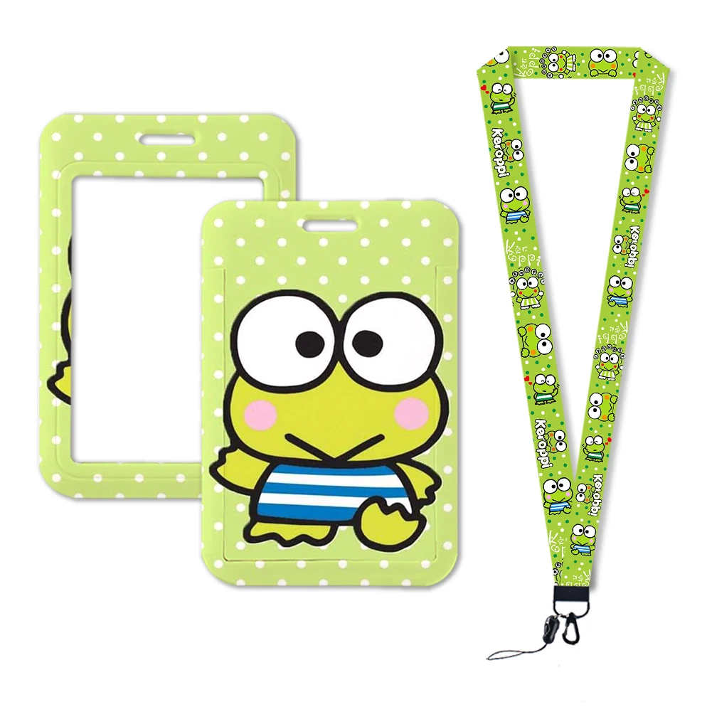 W tempat kartu kredit Lanyard Keroppi tempat lencana ID anak-anak tempat kartu identifikasi wanita tali leher grosir khusus