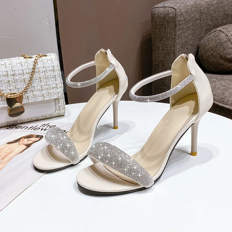 2023 New Rhinestone Thin High Heels Sandals Women New Summer Shoes Women Fashion Buckle Strap Dress Open Toe Sandals Size 34-40