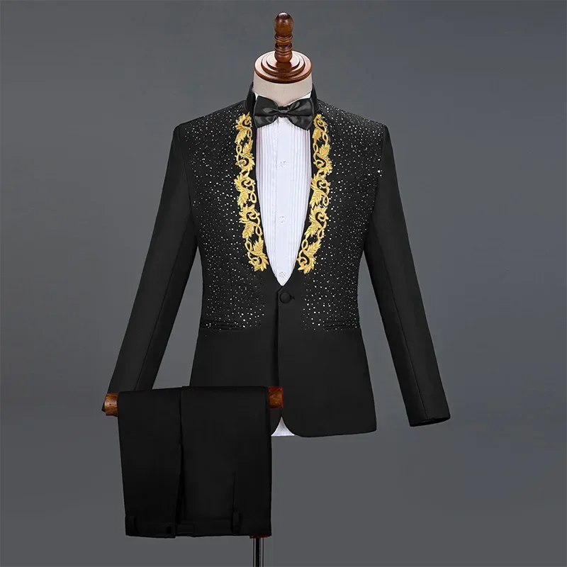 2026 Men's Stage Costume Suit Sets 2PCS Fashion Luxury One Button Sequin Embroidery Suit Jacket+Pants Male Singer Host Clothes