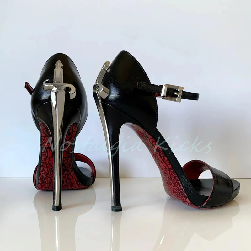 New Luxury Sword Shaped Stiletto Heel Sandals Open Toe Black Leather Metal Decor Dress Shoes Women's Buckle Party Wedding Shoes