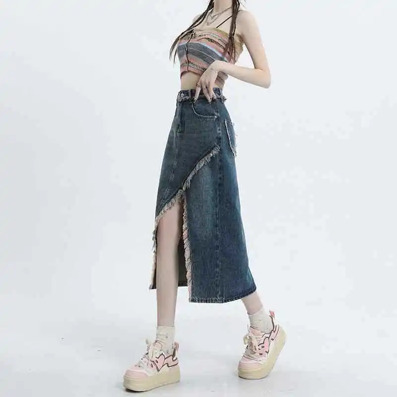 

Chic Split High Waist A-lined Midi Length Denim Skirt Korean Design Streetwear Irregular Faldas Women Spring Fall Vintage L13