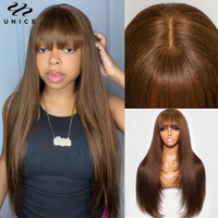 UNICE #4 Brown Color Yaki Straight Lace Wig With Bangs Layered Cut 4x2 Middel Part Lace Front Human Hair Wig 150% Density