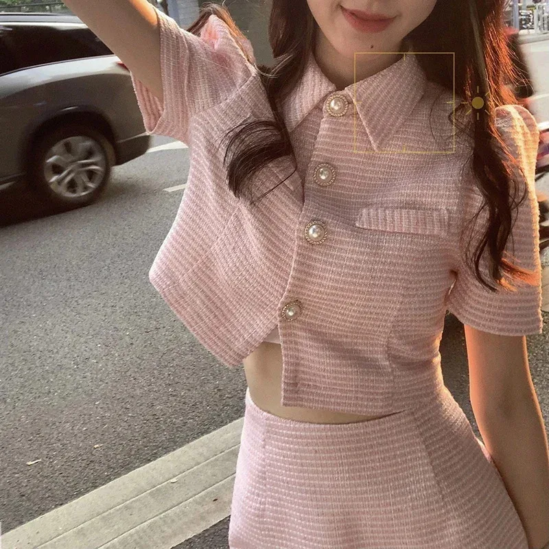 2026 Sweet Temperament Pink Puff Sleeve Lapel Coat Women Single-Breasted Short Jacket Summer Fashion Mini Skirts Matching Sets C view 5