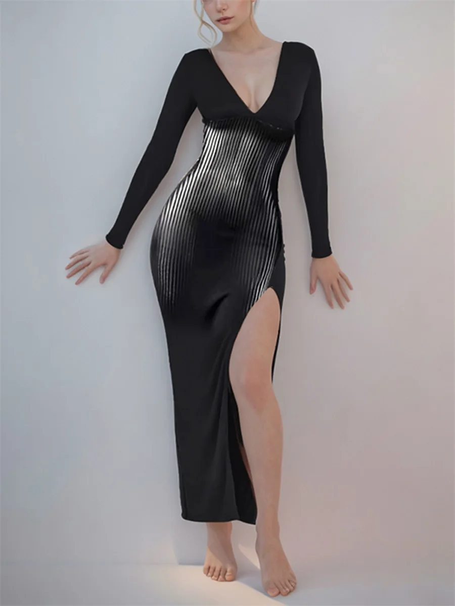 Women Long Dress Long Sleeve V Neck Slit Dress Female Body Print Cocktail Dress for Party