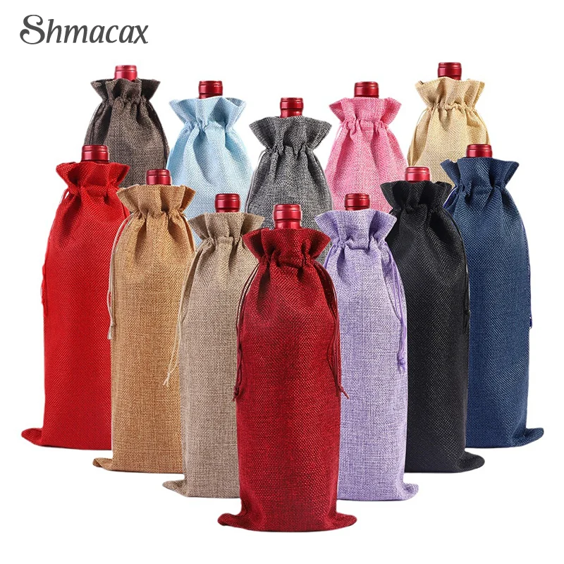 1PCS Champagne Pouch Linen Wine Bottle Bags With Drawstring Wine Bag Holder Wedding Party Decoration Wine Bags Gift