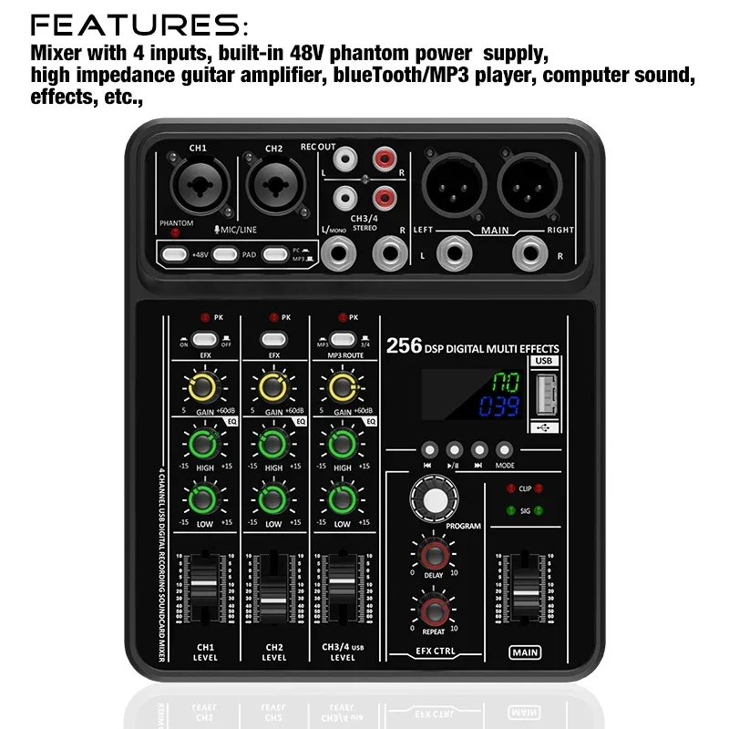 Audio Interface Mixer with Bluetooth USB Recording Computer 48V Phantom Power Delay Replay Effects, 4-Channel Audio Mixer ﻿