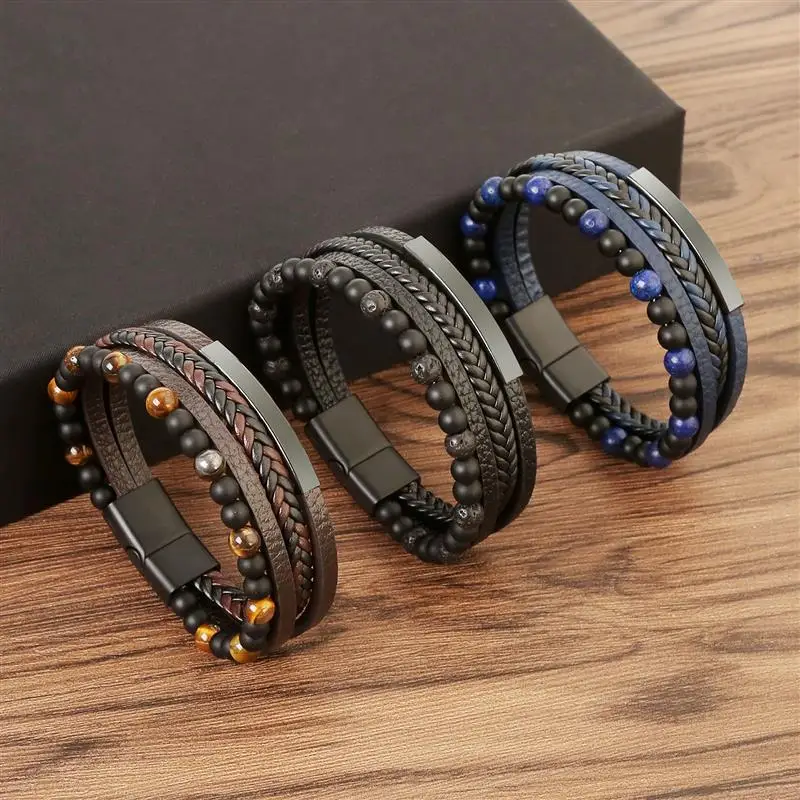 Hot Sale High Quality Leather Bracelet Men Classic Fashion Tiger Eye Beaded Multilayer Leather Bracelet For Men Jewelry Gift