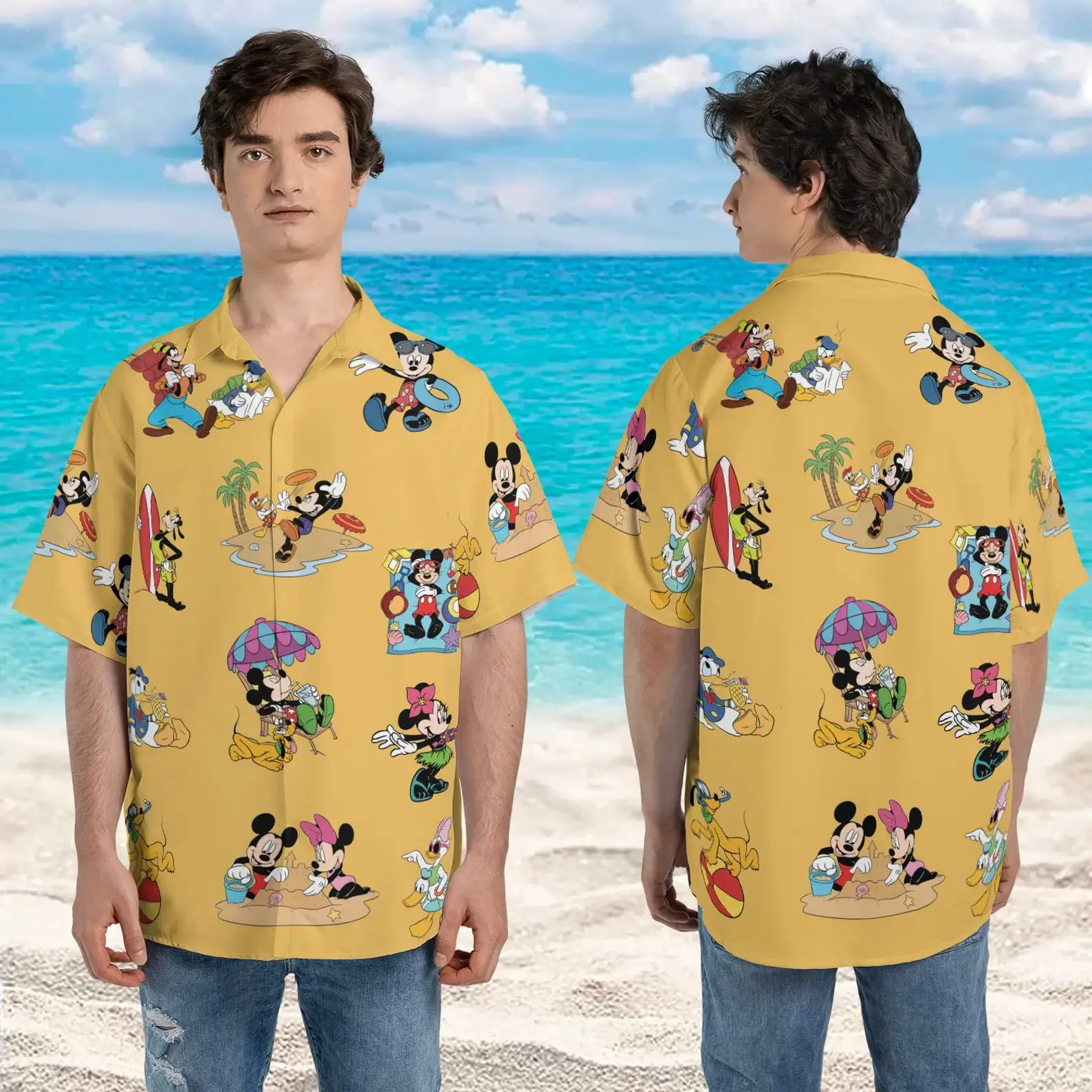 Camisas hawaianas de Mickey Mouse para hombre, camisa de manga corta con botones, Retro, Disney, Epcot, Top de playa de verano