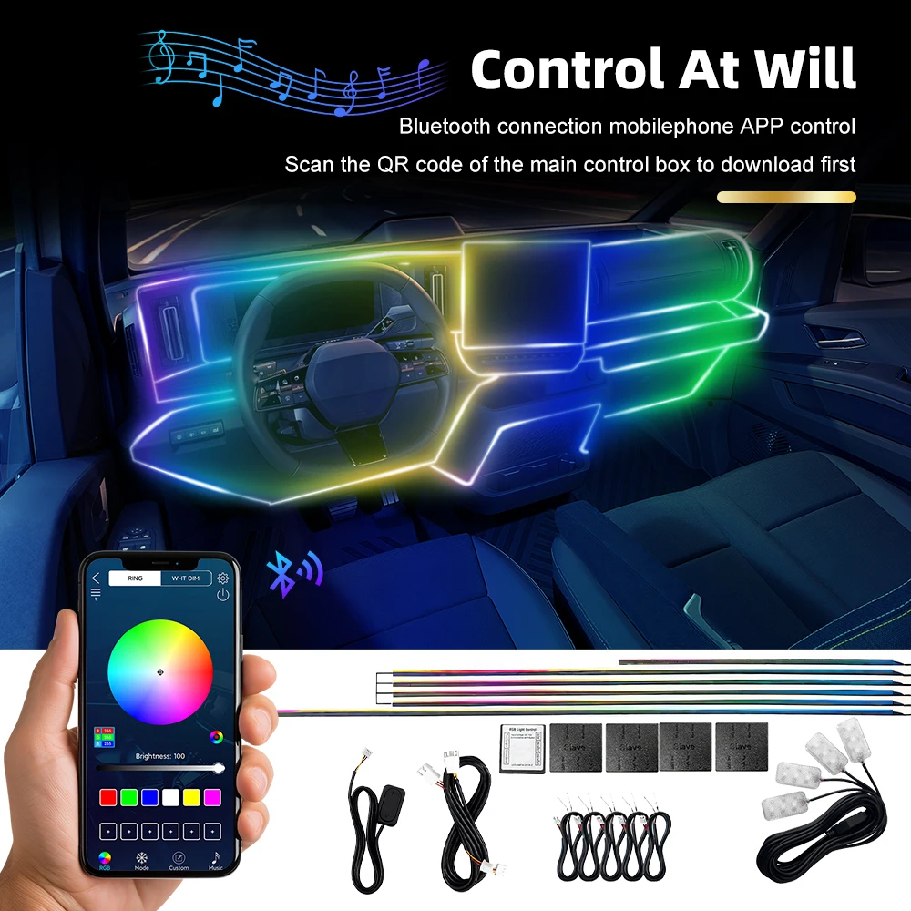 

Car Interior RGB Ambient Light Kit 6 10 14 18 in 1 LED Acrylic Strip 213 Colors Dual Zone APP Control Symphony Streamer Lamp